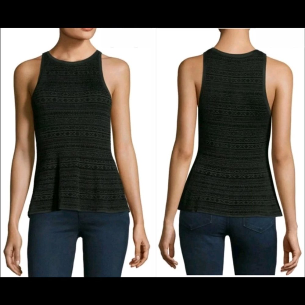 New Theory textured peplum velveen jacquard high neck flare knit tank blouse top